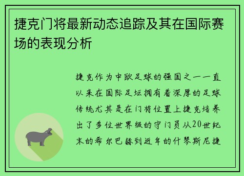 捷克门将最新动态追踪及其在国际赛场的表现分析