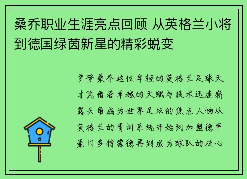 桑乔职业生涯亮点回顾 从英格兰小将到德国绿茵新星的精彩蜕变